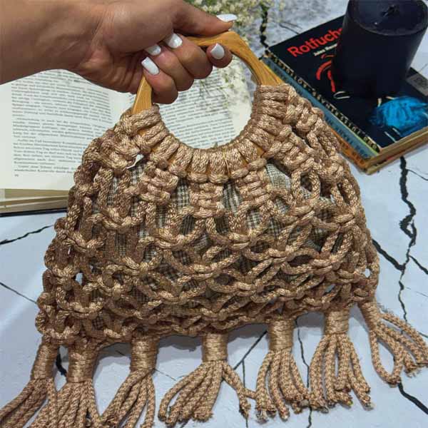 کیف حصیری بافتی دسته چوب زنانه
